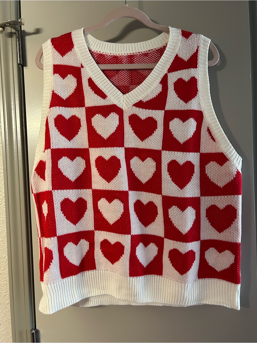Red and White Heart Pattern Knit Sweater Vest
